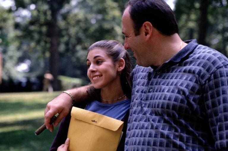 Tony and Meadow Soprano walking outside while on their college tour