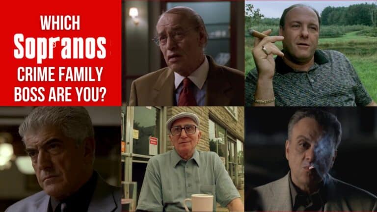 an image for a sopranos quiz that has five crime family bosses on it and the words "Which Sopranos Crime Family Boss Are You?" on the top left corner.
