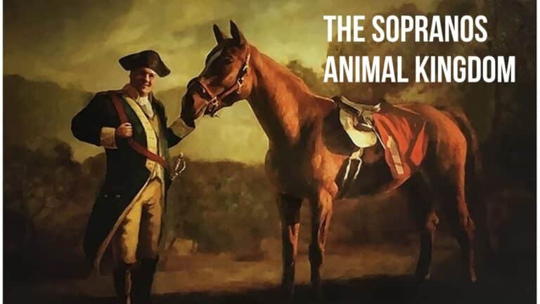 A portrait of Tony Soprano in an old-fashioned war uniform standing with a horse.