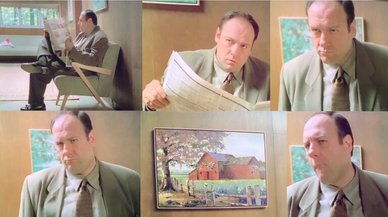 Tony Soprano is reading the newspaper and looking at the painting in Dr. Melfi's waiting room in Denial, Anger, Acceptance.