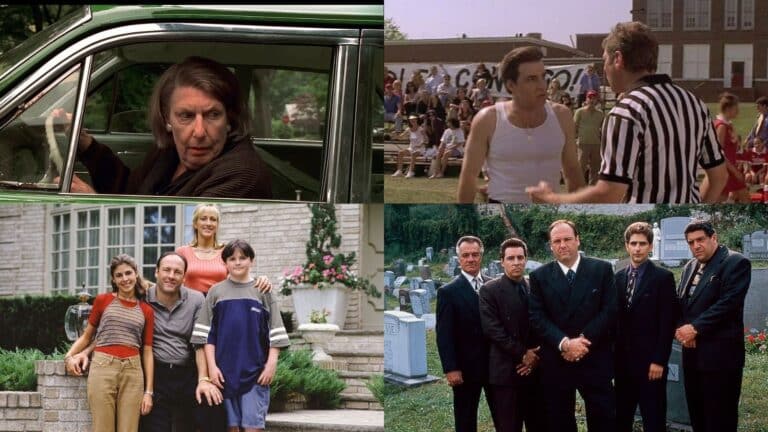 image of Tony Soprano and his families in four different pictures from The Sopranos season one on HBO.