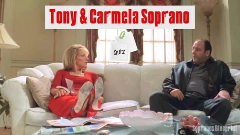 tony and carmela are sitting on the couch at home talking.