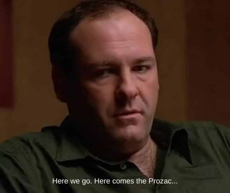 Tony Soprano is responding to Dr. Melfi's offer of a Prozac subscription.