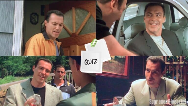 four pictures of mikey palmice from different sopranos scenes.